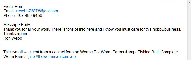 Worm Farm Bait Testimonial Ron Webb                           